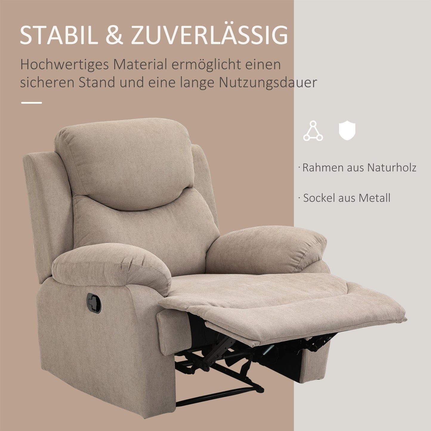Beige lounge chair with 150° tilt, linen look