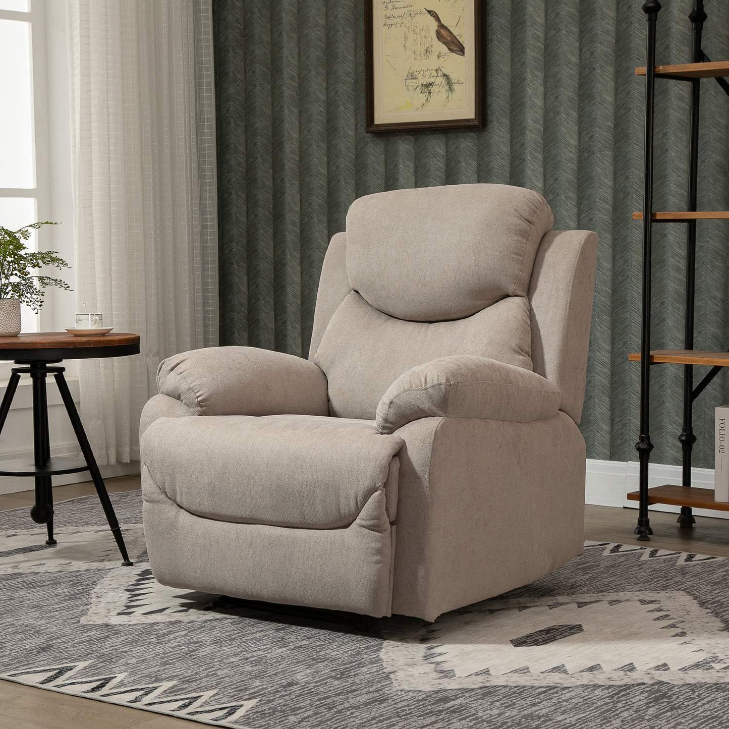Beige lounge chair with 150° tilt, linen look