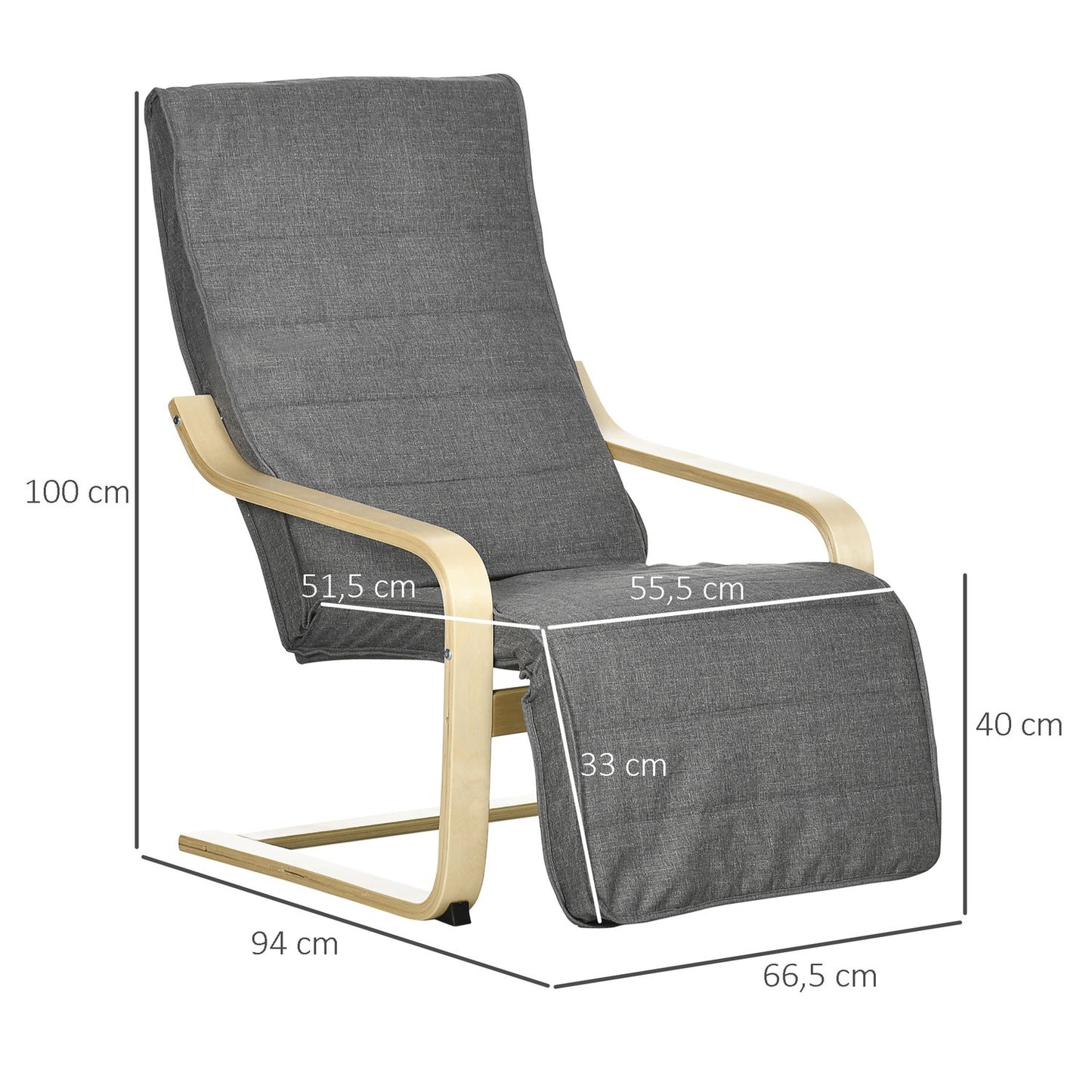 Adjustable recliner, birch wood, gray linen look