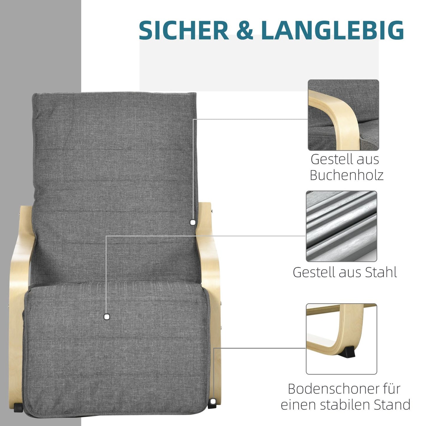 Adjustable recliner, birch wood, gray linen look