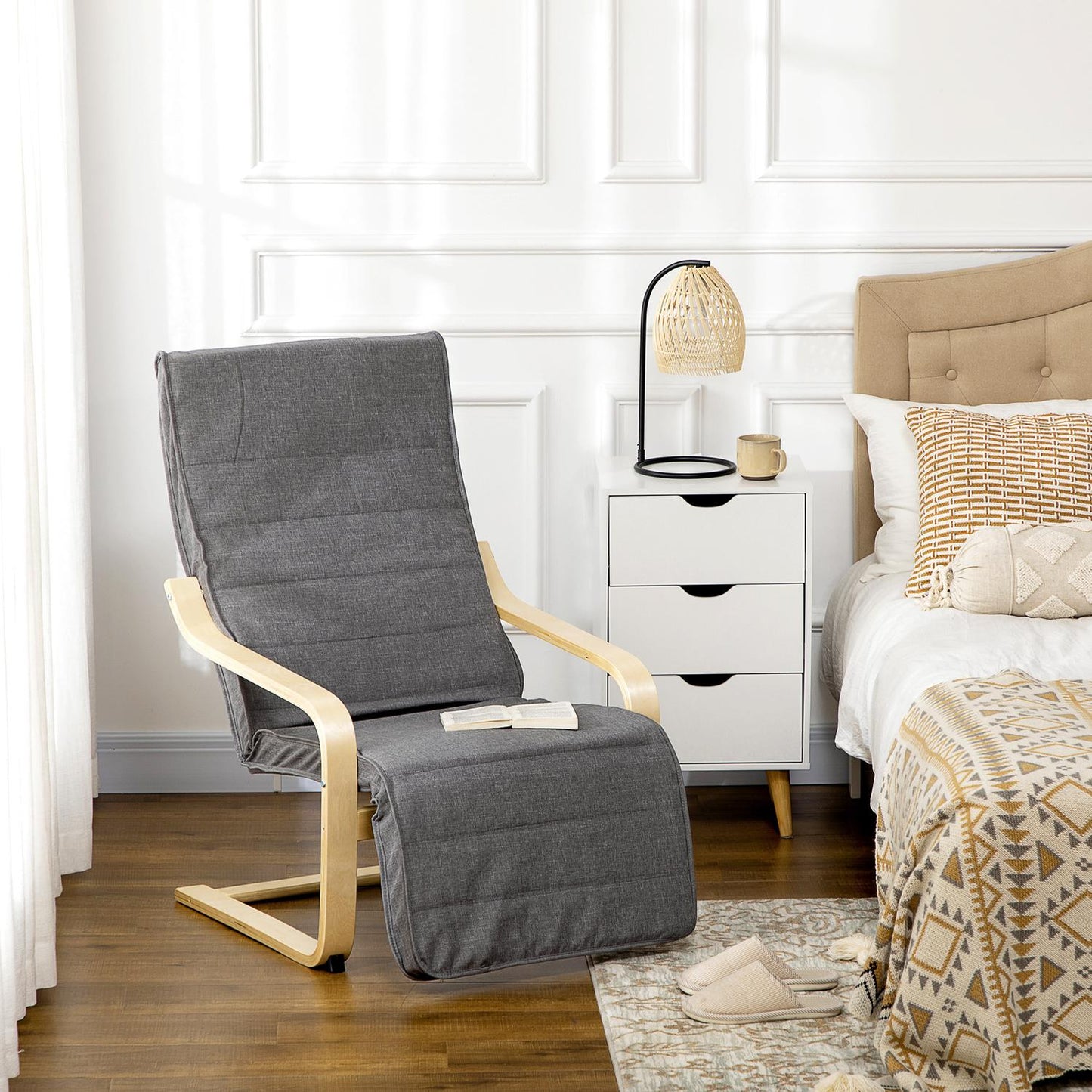 Adjustable recliner, birch wood, gray linen look