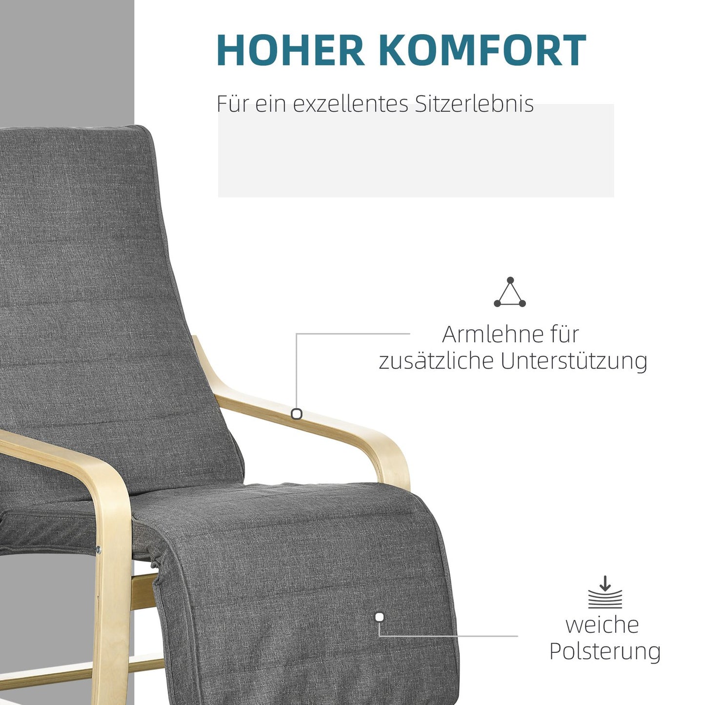 Adjustable recliner, birch wood, gray linen look