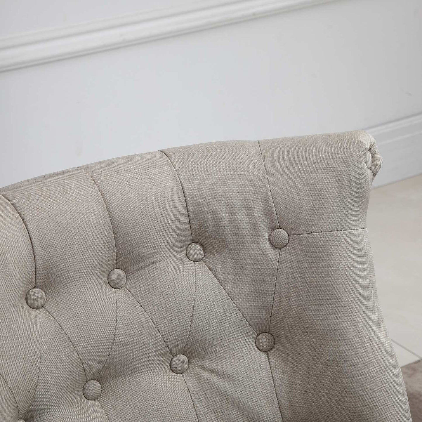 Vintage upholstered lounge chair, wooden frame, linen cover