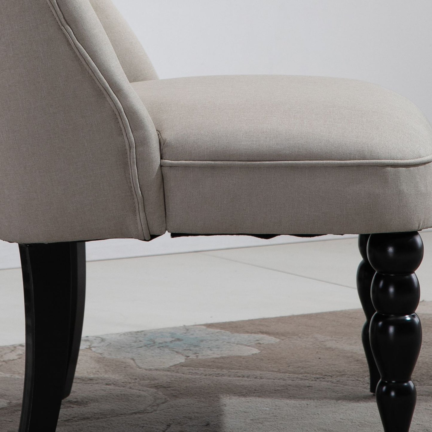 Vintage upholstered lounge chair, wooden frame, linen cover