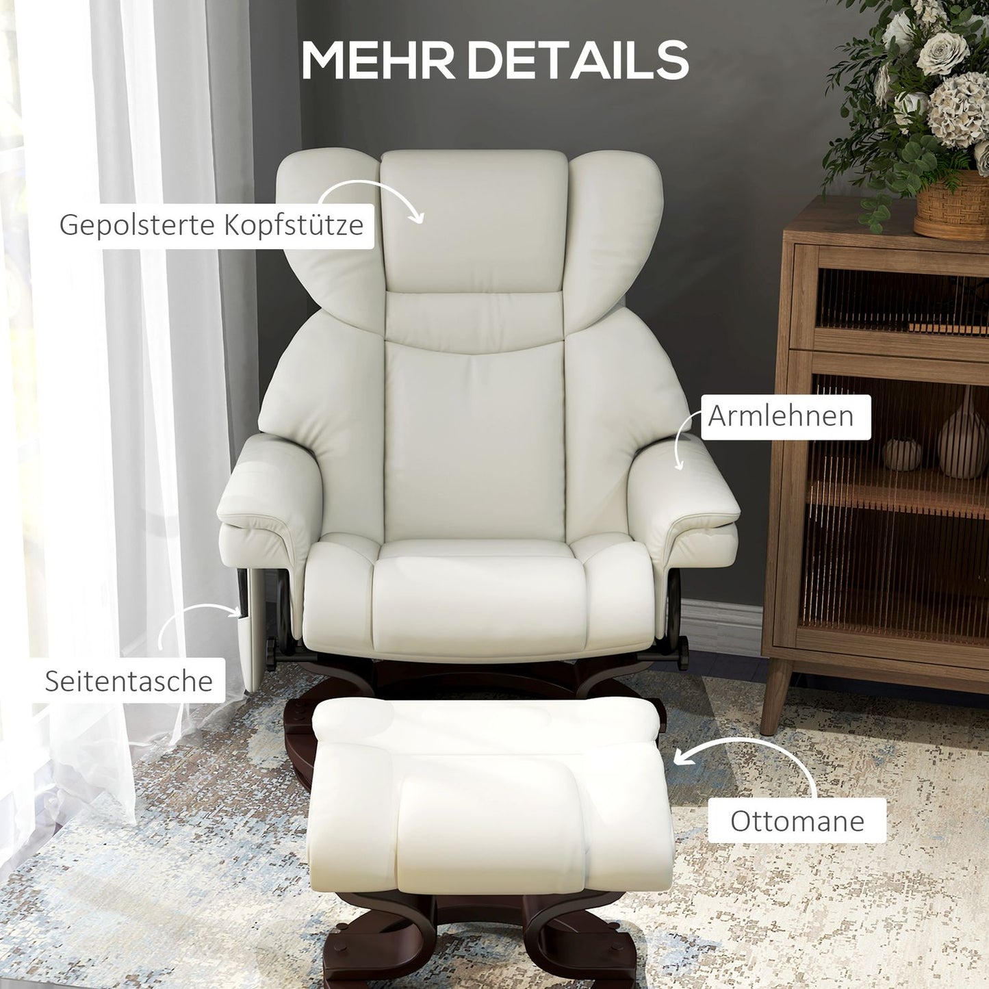 Electric recliner with ottoman, artificial leather, cream