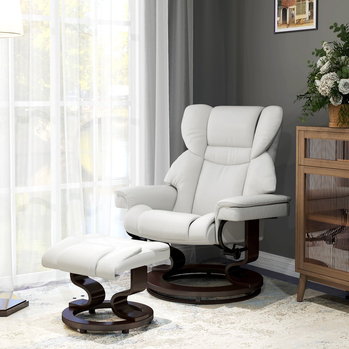Electric recliner with ottoman, artificial leather, cream