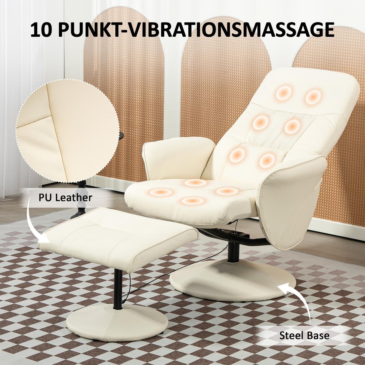 Electric recliner massage chair with footstool, cream white