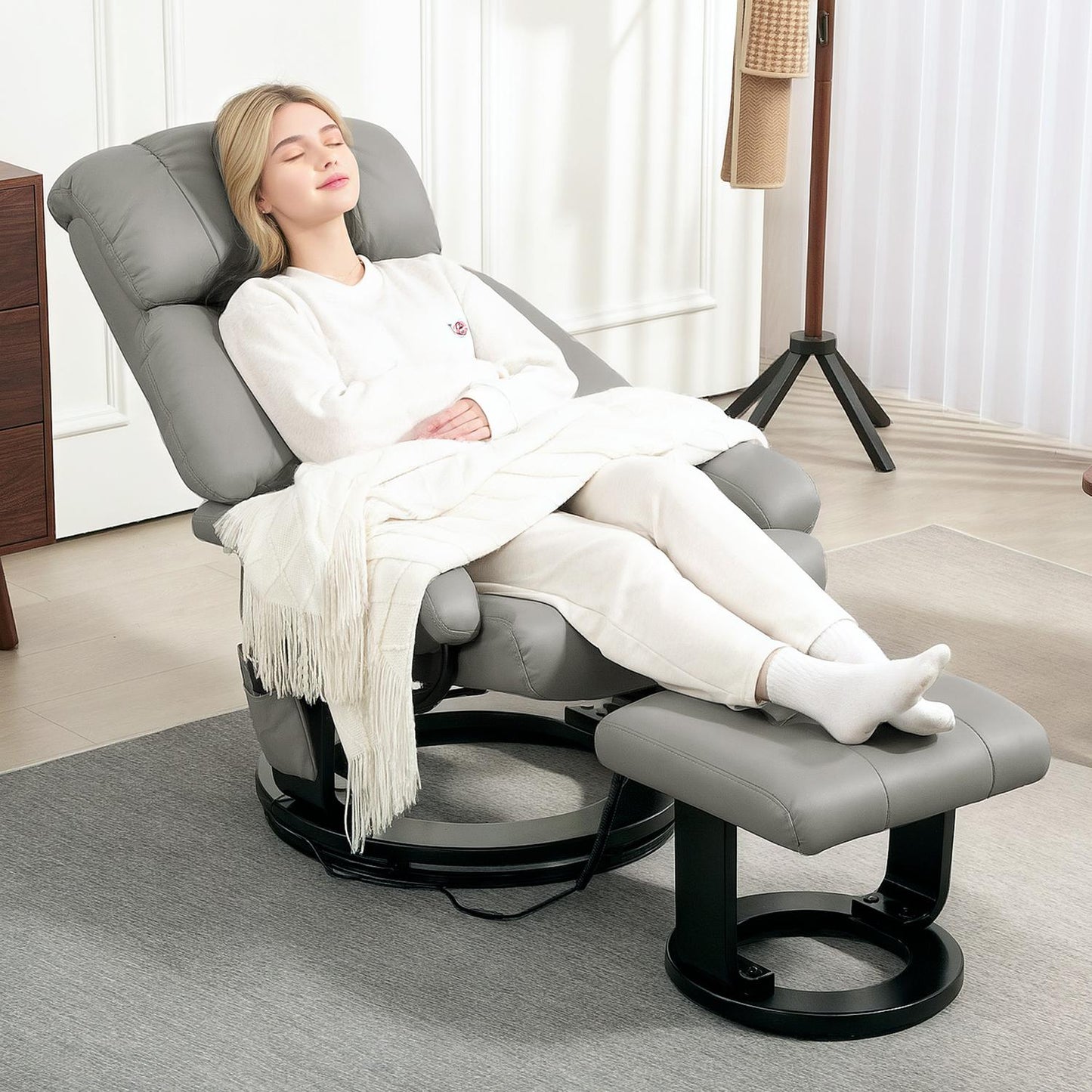 Electric recliner with massage and footstool, gray
