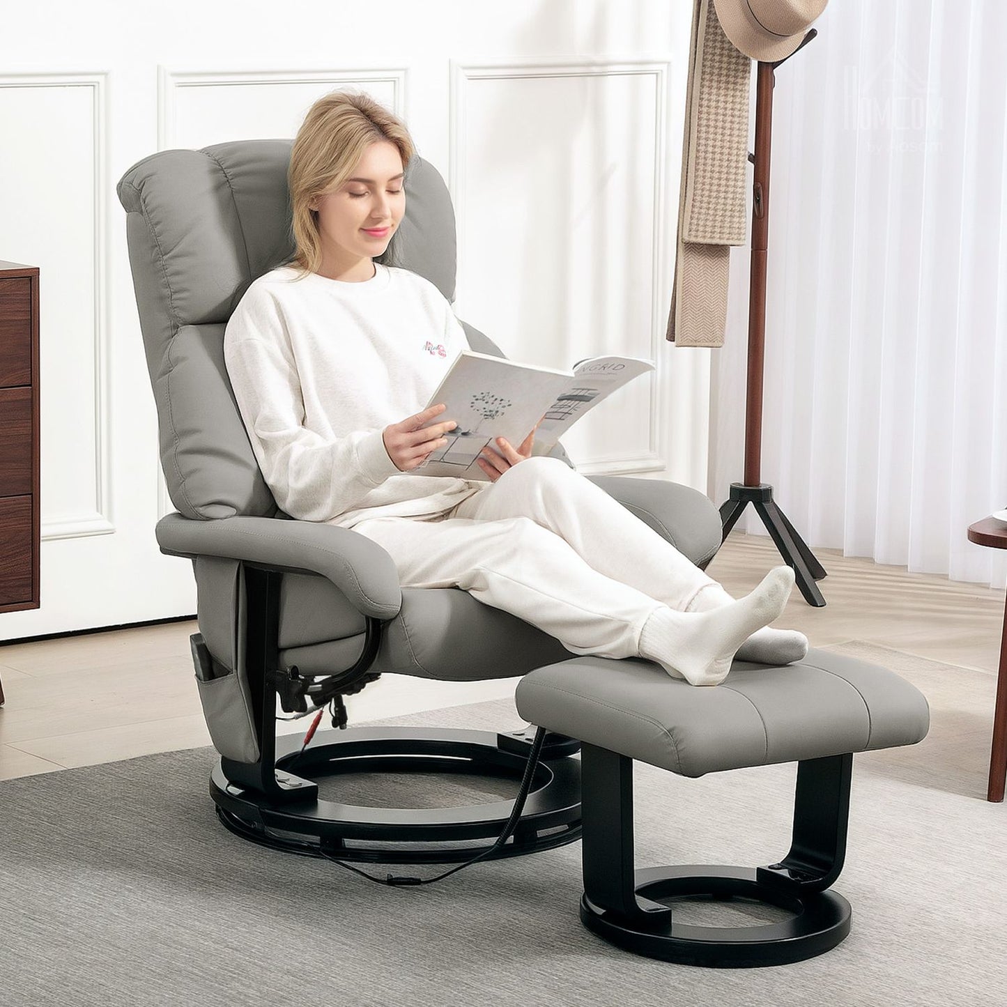 Electric recliner with massage and footstool, gray