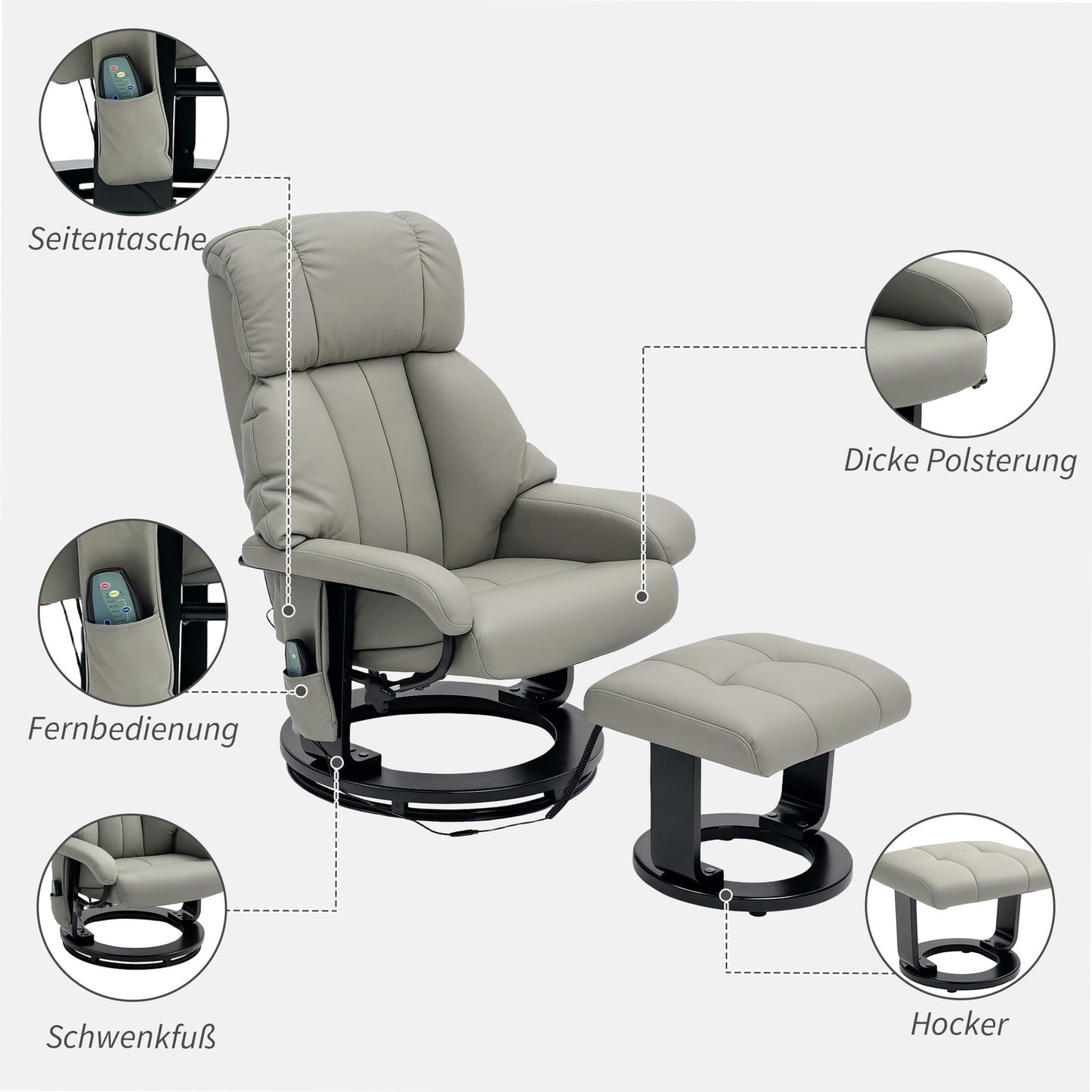 Electric recliner with massage and footstool, gray