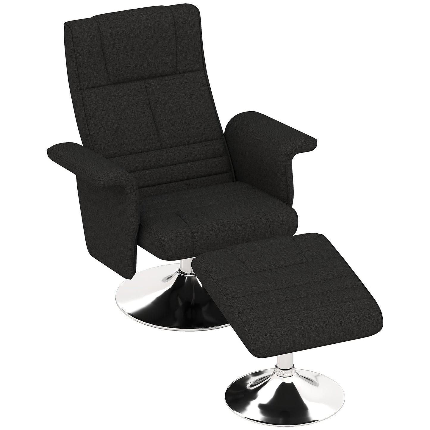 Rotating reclining massage chair with ottoman, black linen