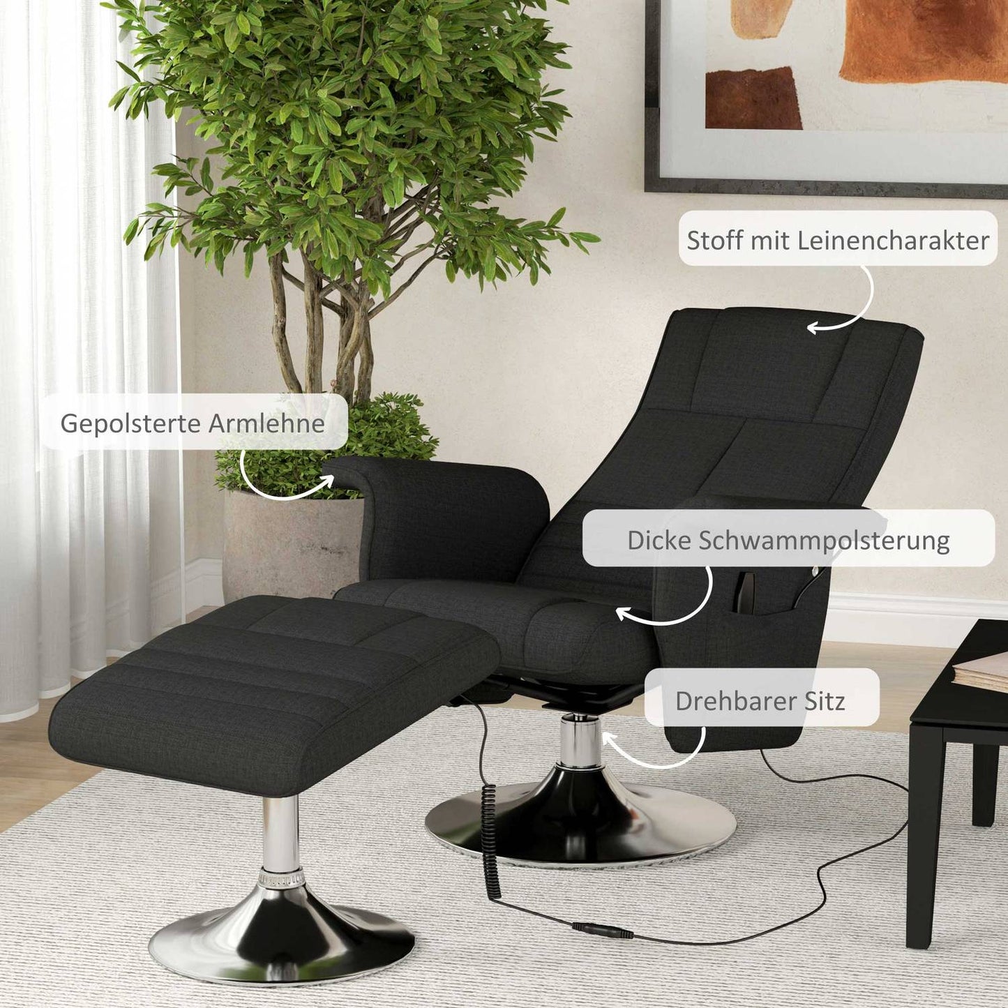Rotating reclining massage chair with ottoman, black linen