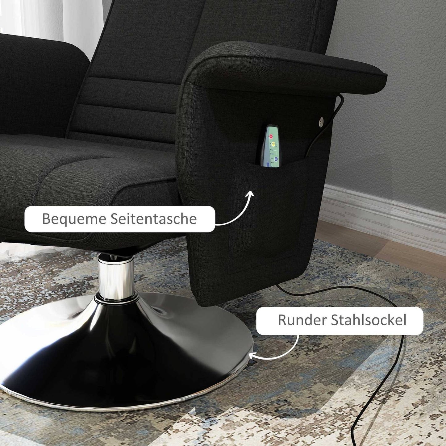 Rotating reclining massage chair with ottoman, black linen