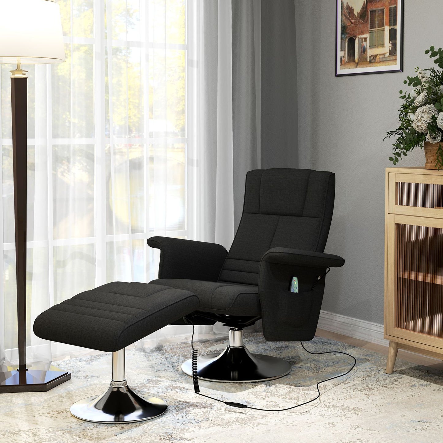 Rotating reclining massage chair with ottoman, black linen