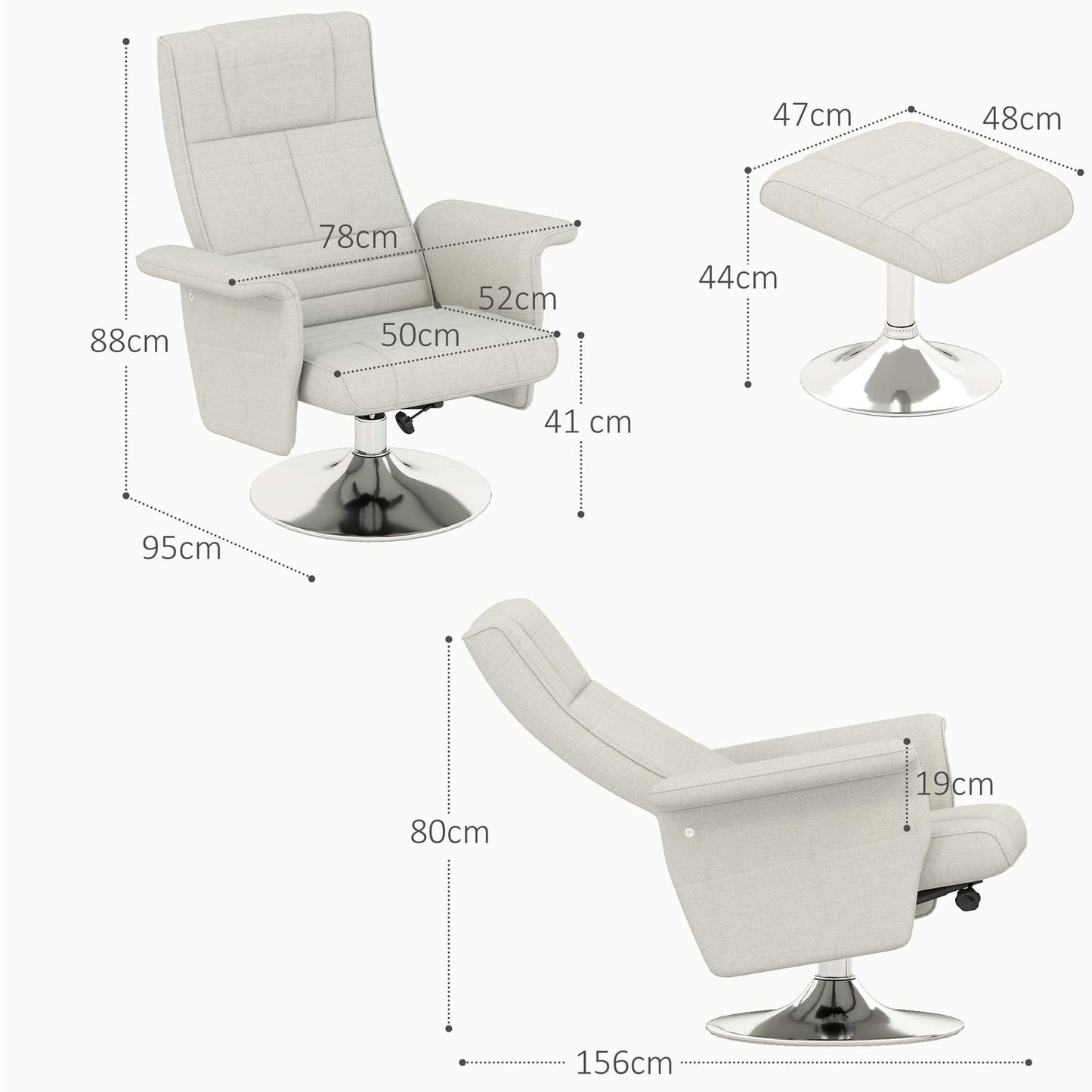 Cream-white reclining massage chair with footstool, 8-point vibration