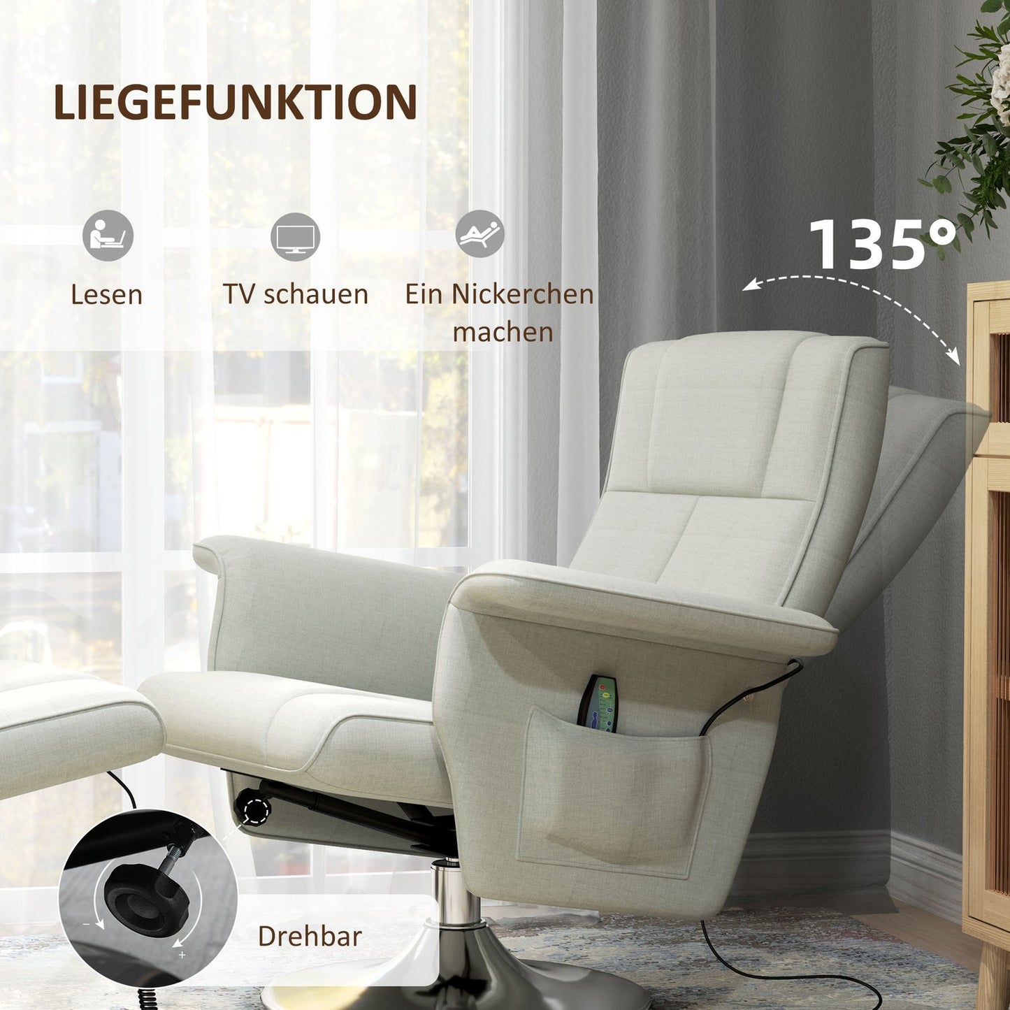Cream-white reclining massage chair with footstool, 8-point vibration