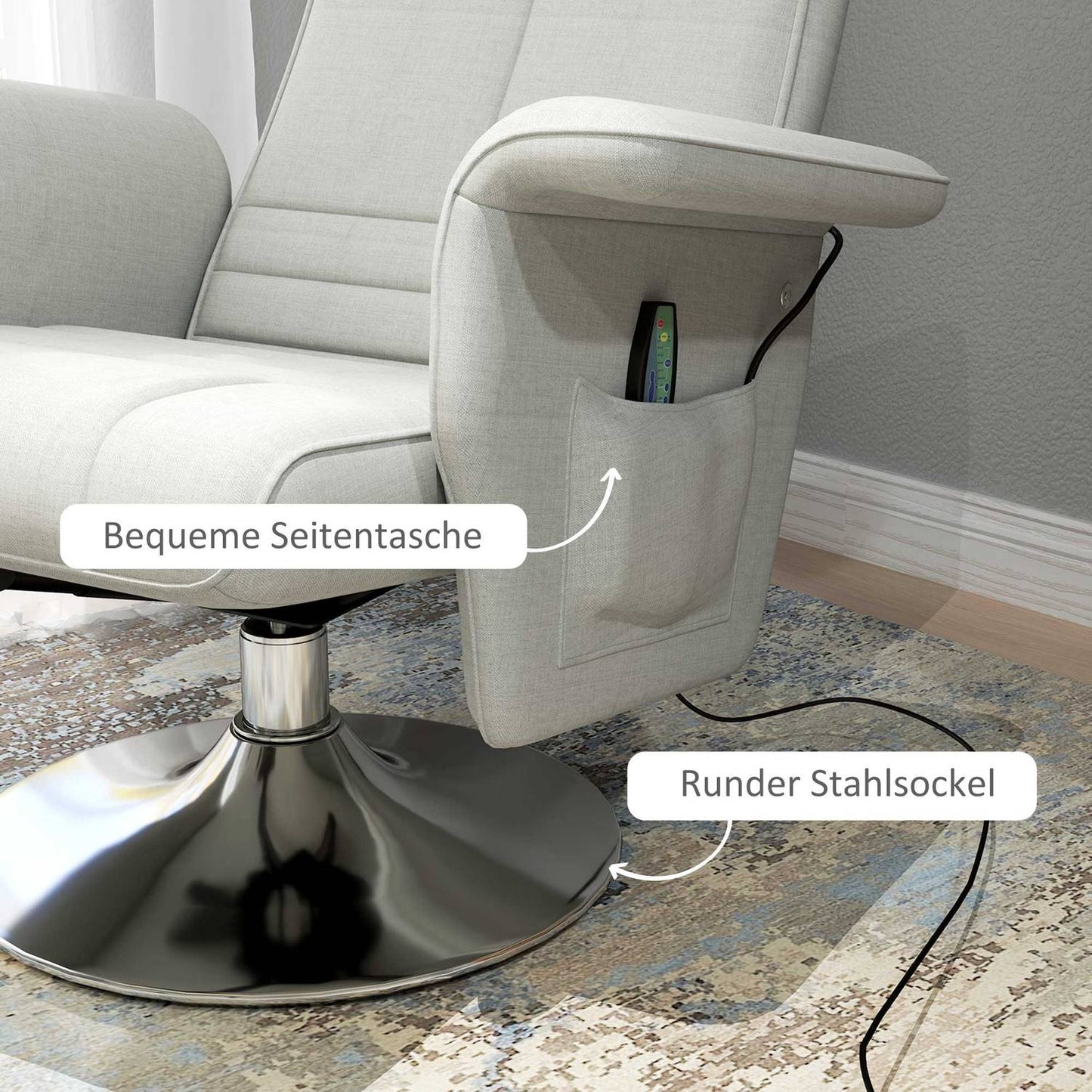 Cream-white reclining massage chair with footstool, 8-point vibration