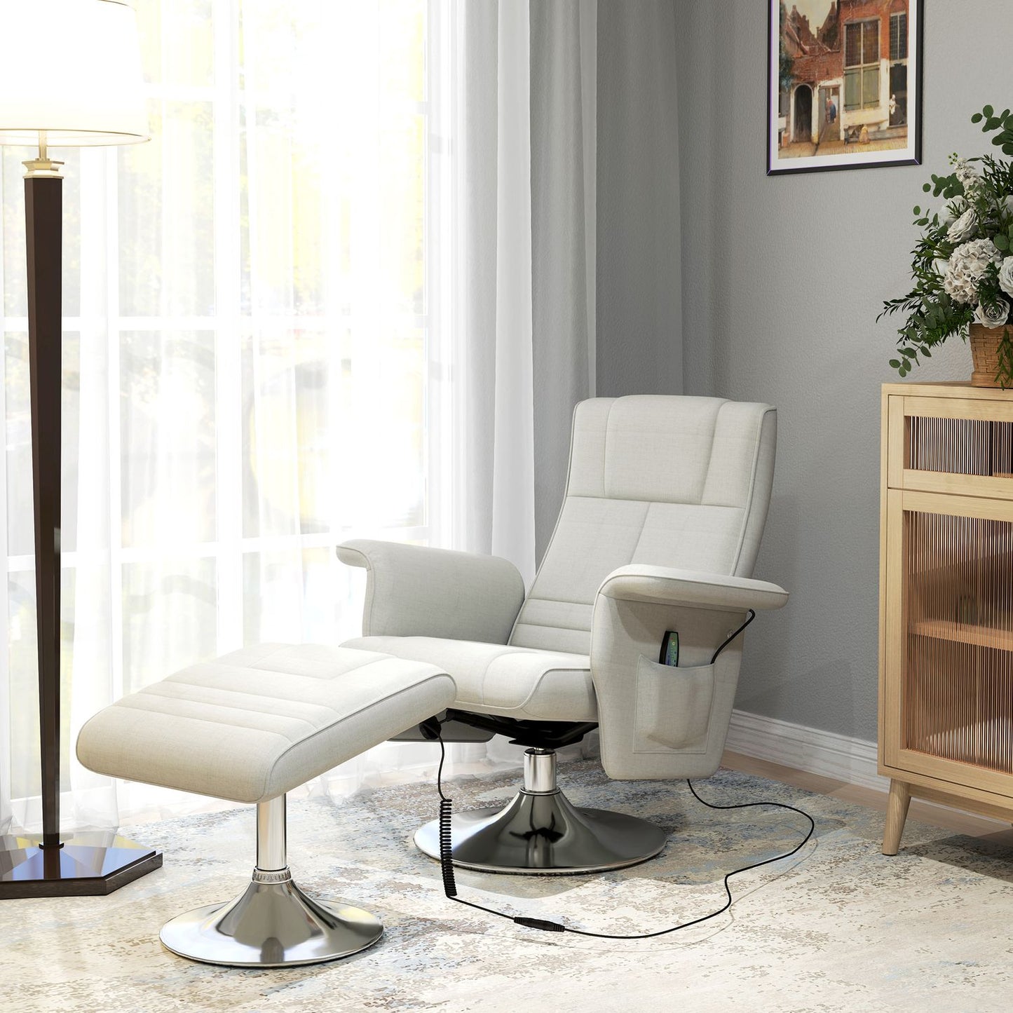 Cream-white reclining massage chair with footstool, 8-point vibration