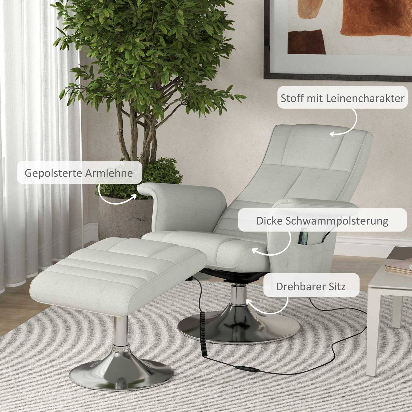 Cream-white reclining massage chair with footstool, 8-point vibration