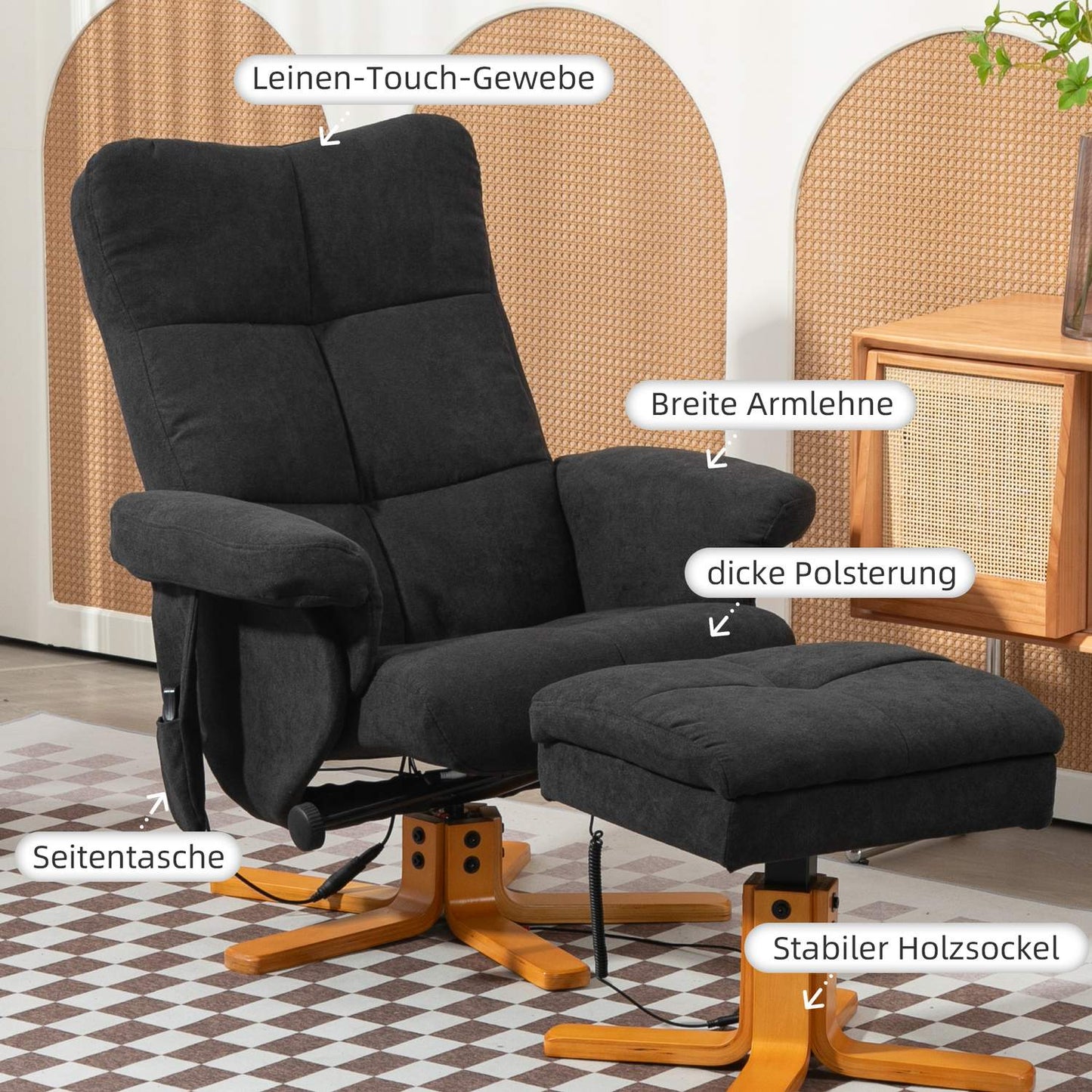 Electric massage chair with footstool, black