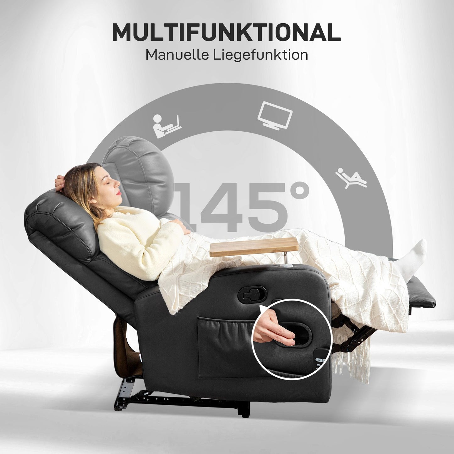 Lounger with massage, remote control and cup holder - Black