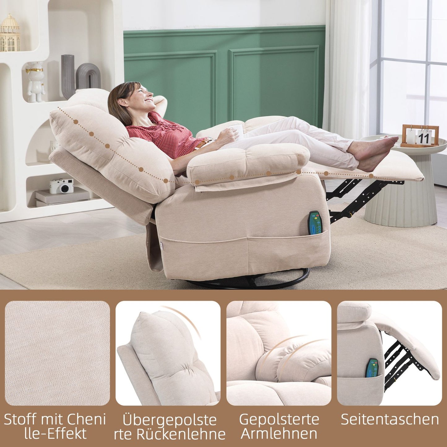 Electric reclining massage chair with heating and turning functions