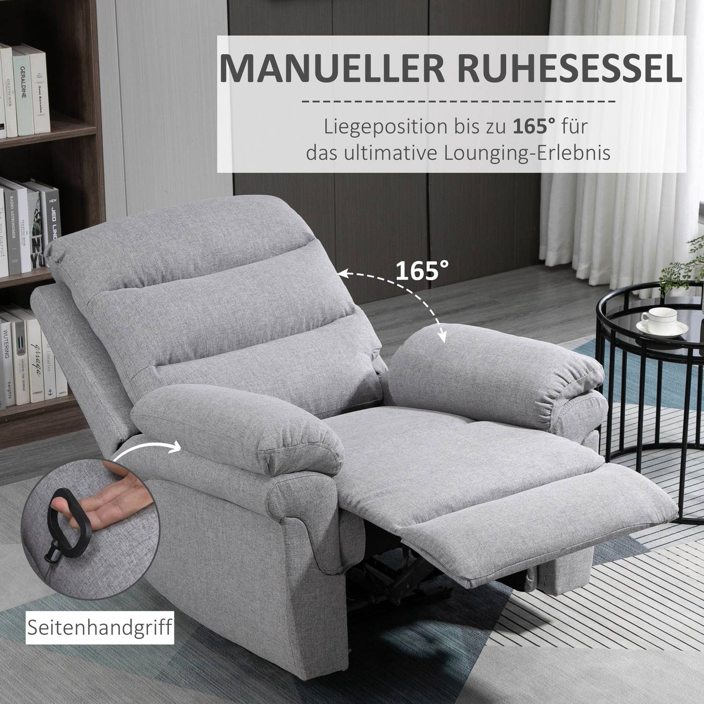 Light gray recliner with 165° tilt & foldable footrest