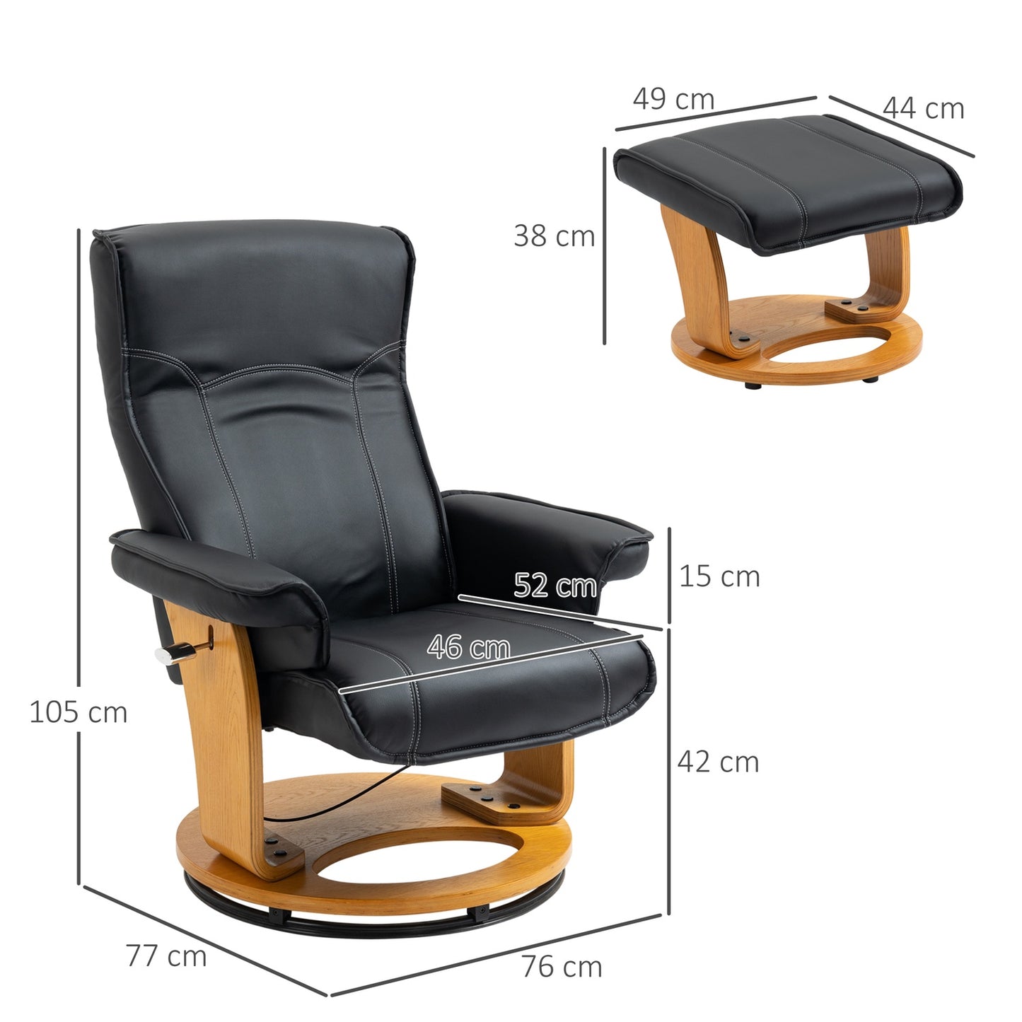 Lounger with ottoman, synthetic leather, rotatable, black