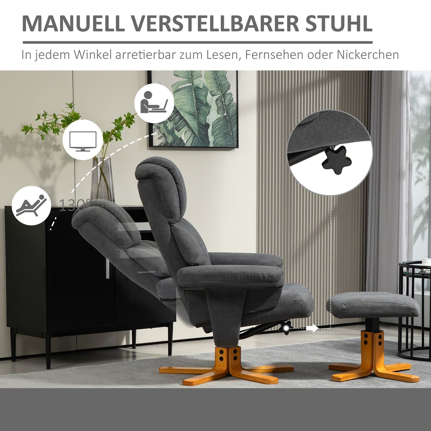 Lounger with ottoman, 150 kg Max, dark grey, 79x80x104cm