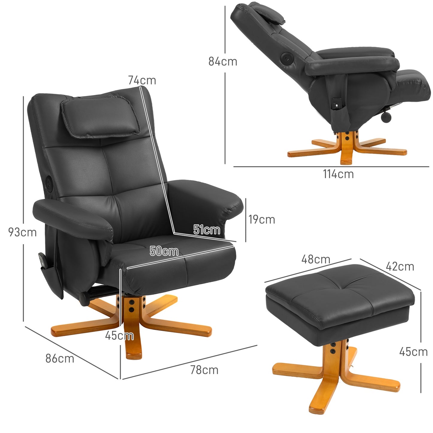 Reclining massage chair with footrest and storage, black leather