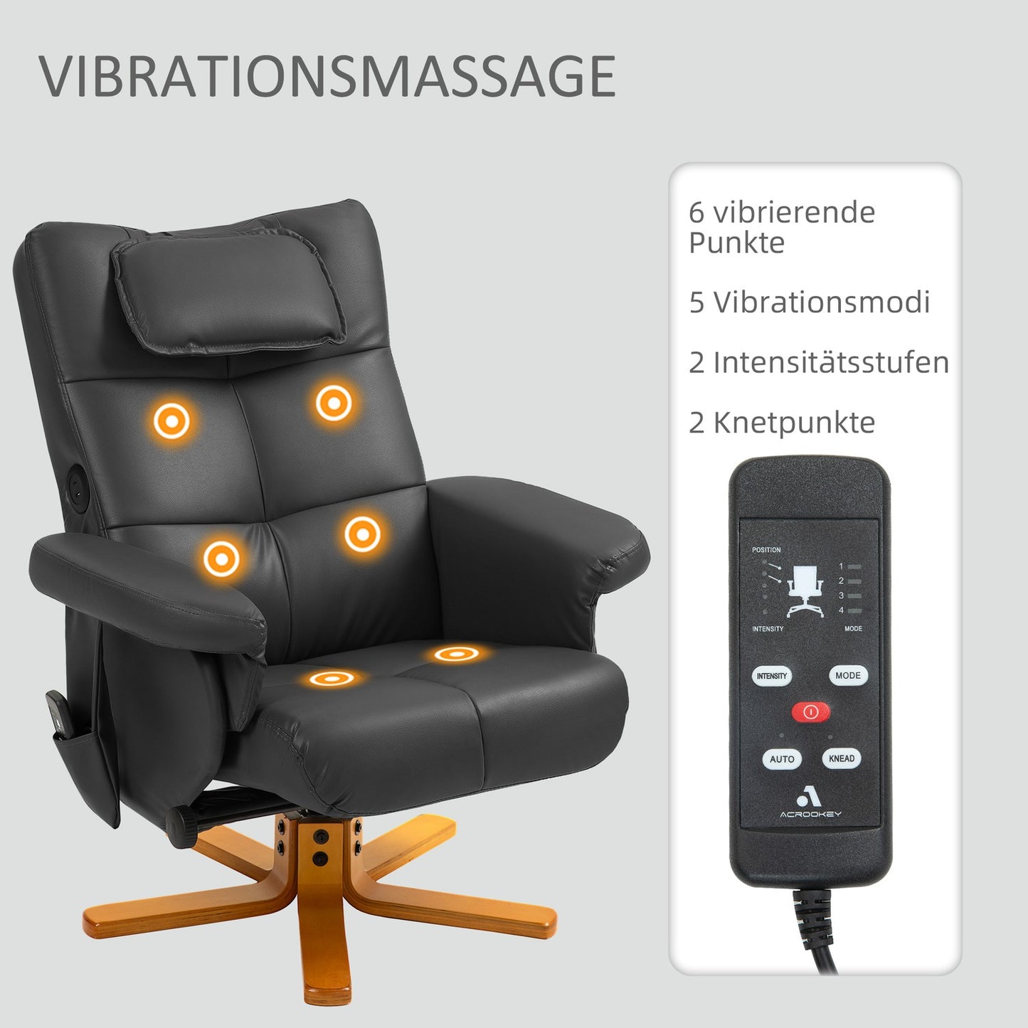 Reclining massage chair with footrest and storage, black leather