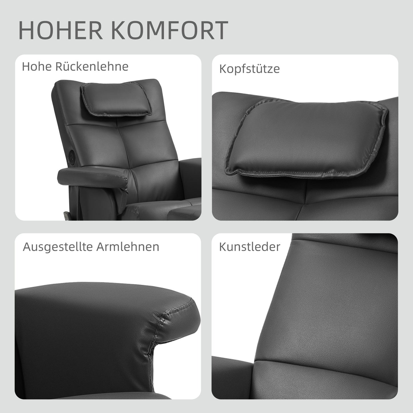 Reclining massage chair with footrest and storage, black leather