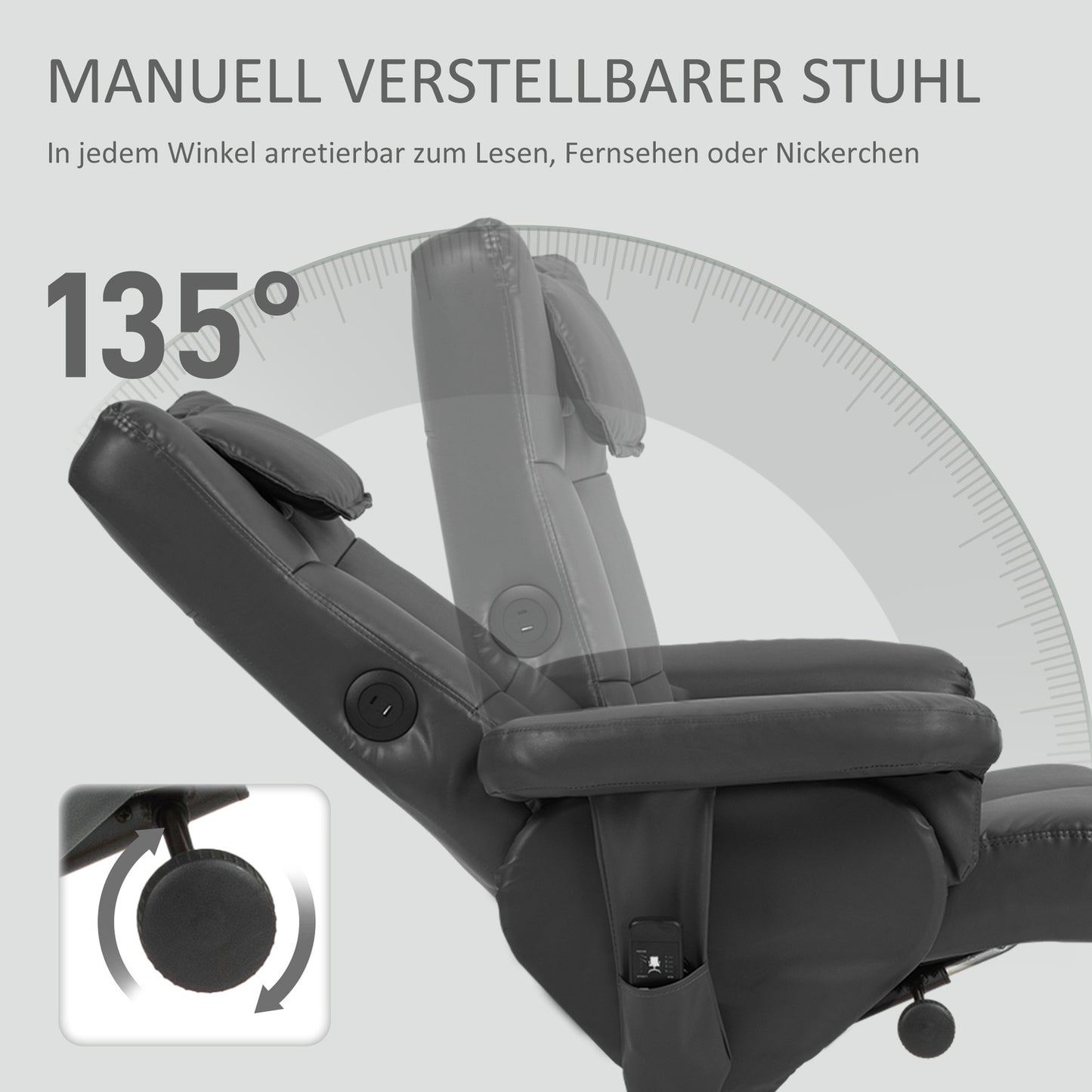 Reclining massage chair with footrest and storage, black leather