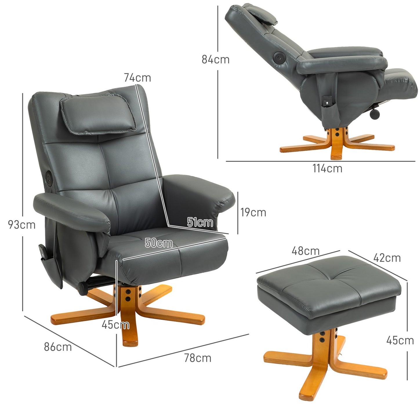 Reclining massage chair with storage, synthetic leather, dark grey