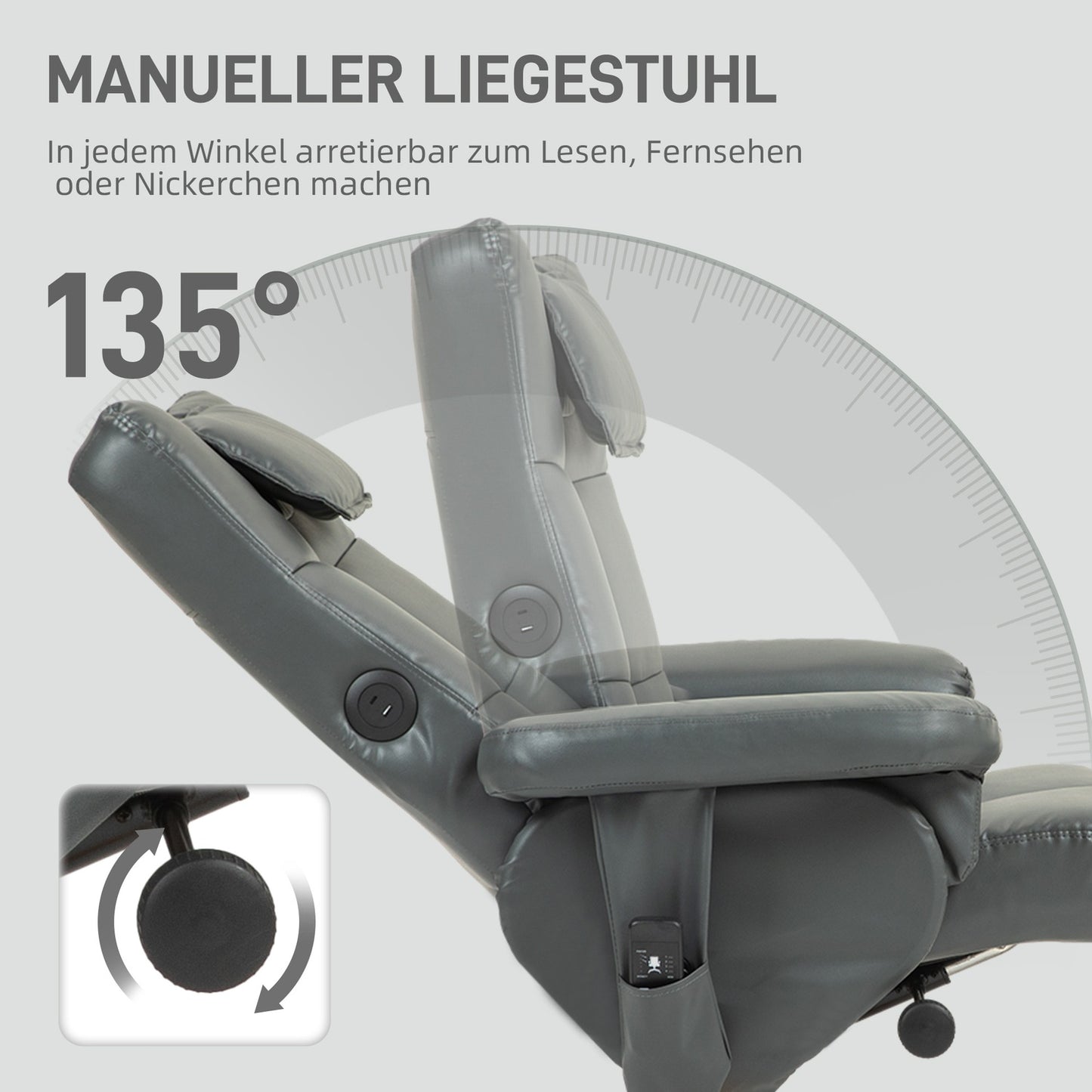 Reclining massage chair with storage, synthetic leather, dark grey