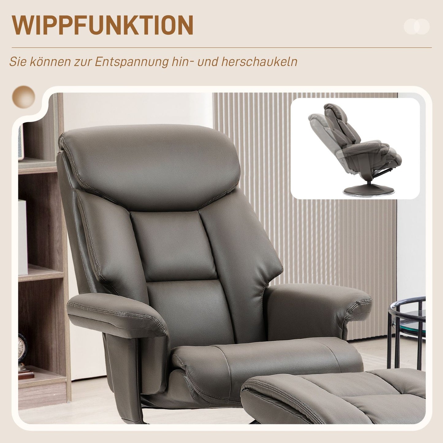 Reclining TV chair in artificial leather with rocker and stool