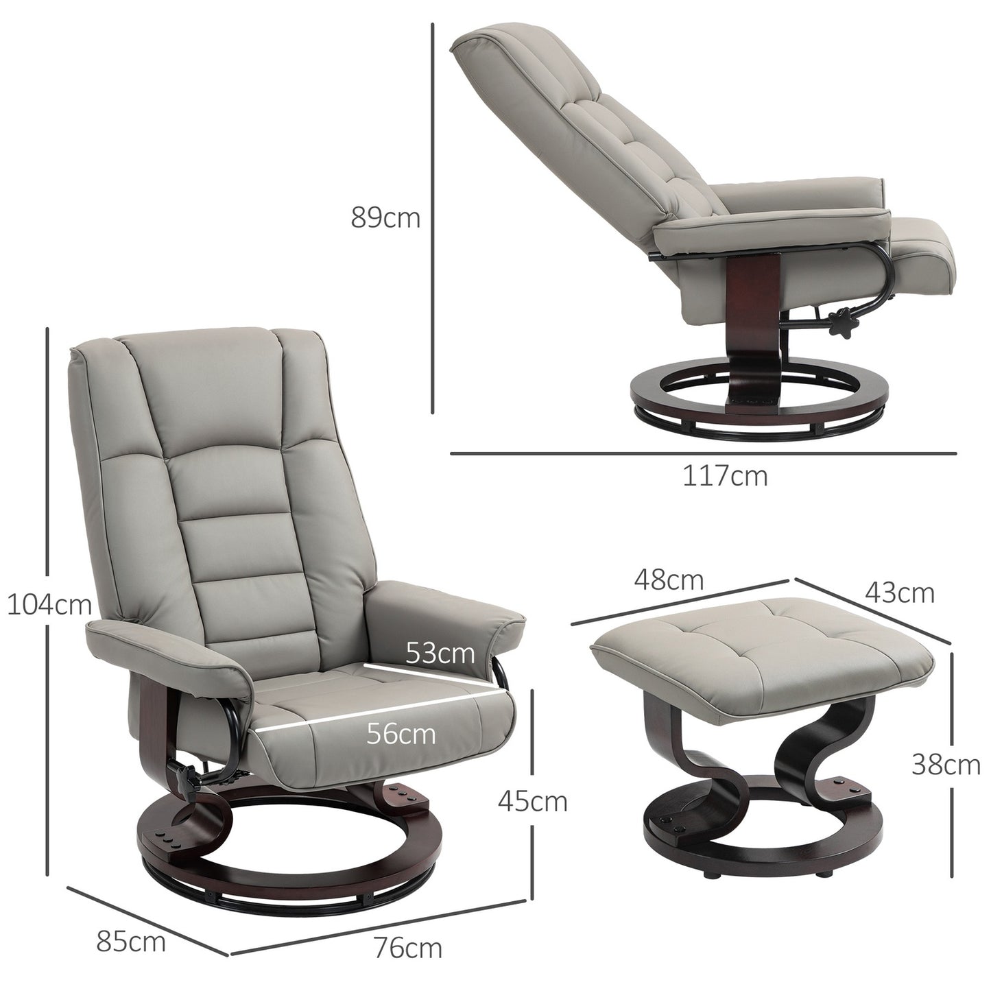 Reclining relaxation chair with stool, artificial leather, grey