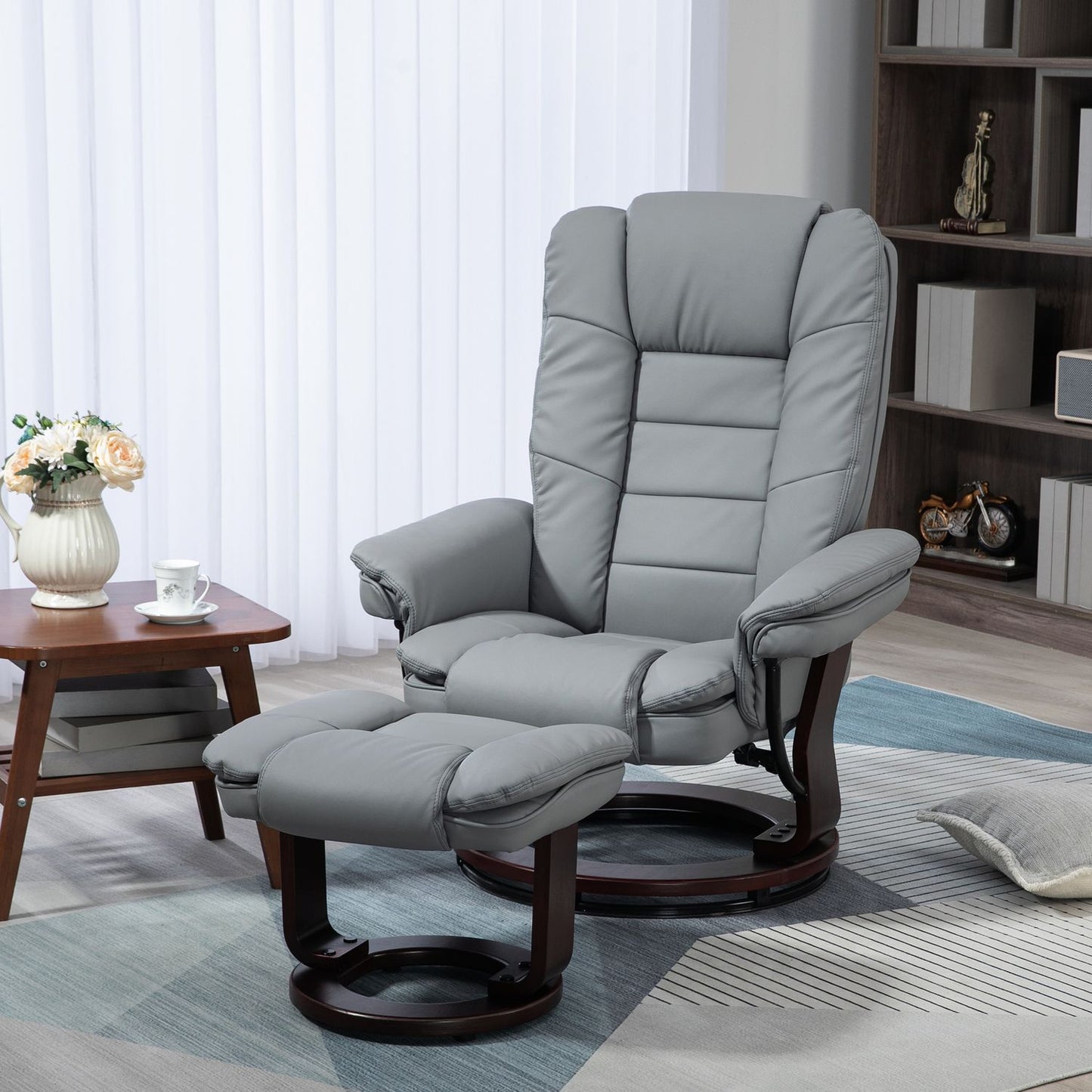 Gray recliner with stool, 360° rotatable, synthetic leather