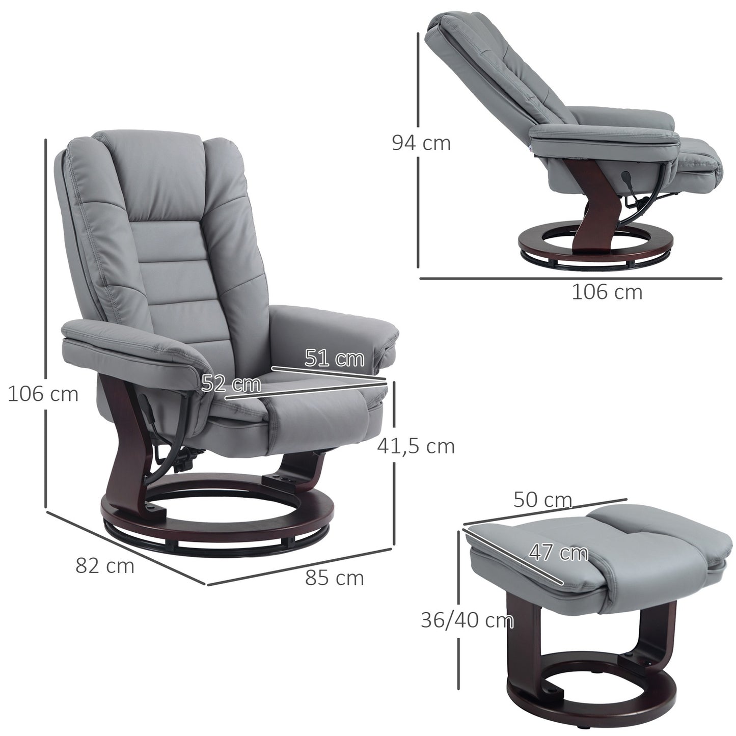 Gray recliner with stool, 360° rotatable, synthetic leather