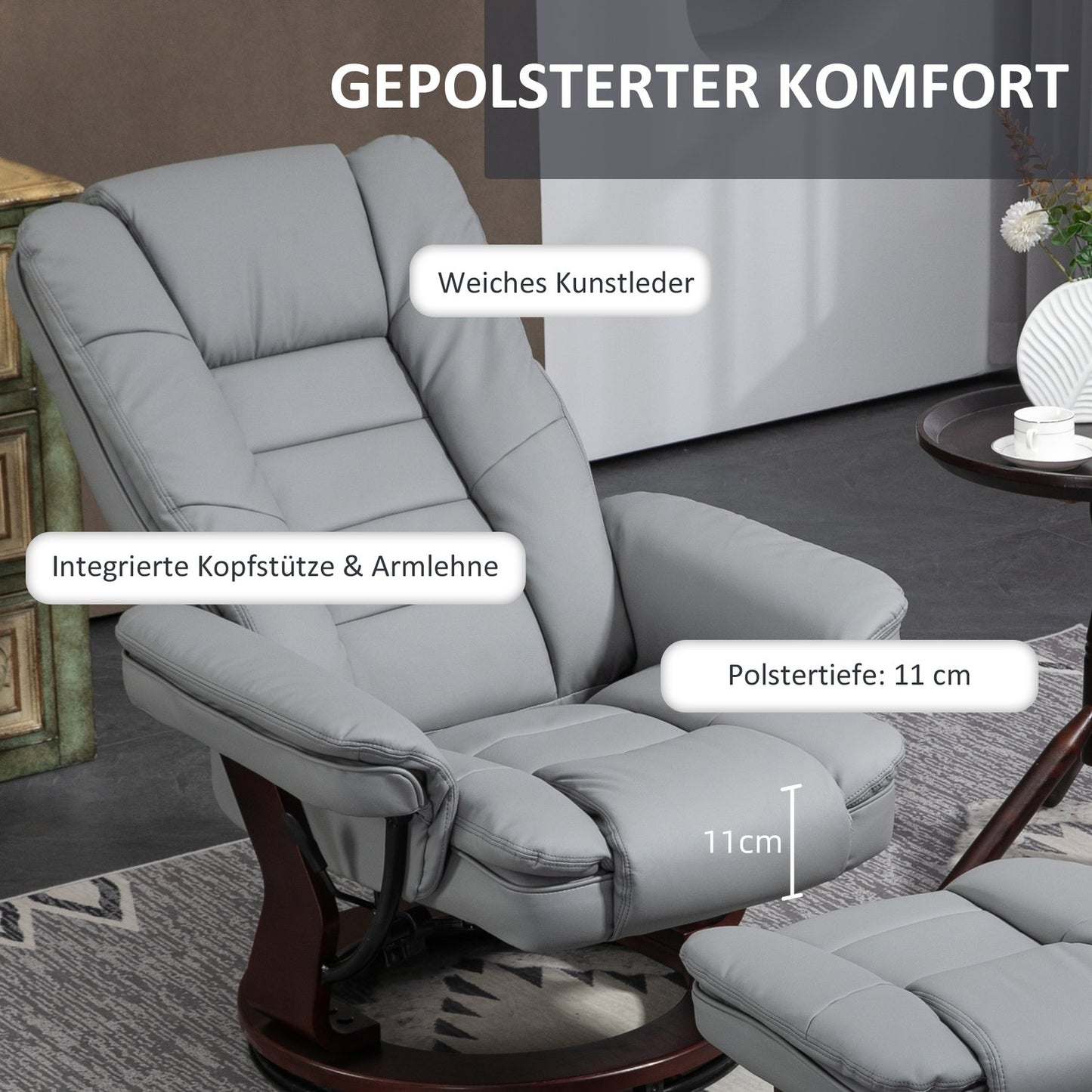 Gray recliner with stool, 360° rotatable, synthetic leather