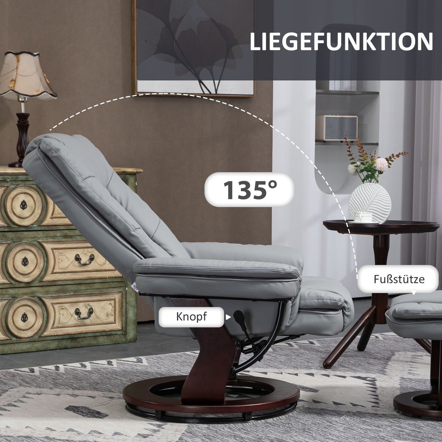 Gray recliner with stool, 360° rotatable, synthetic leather