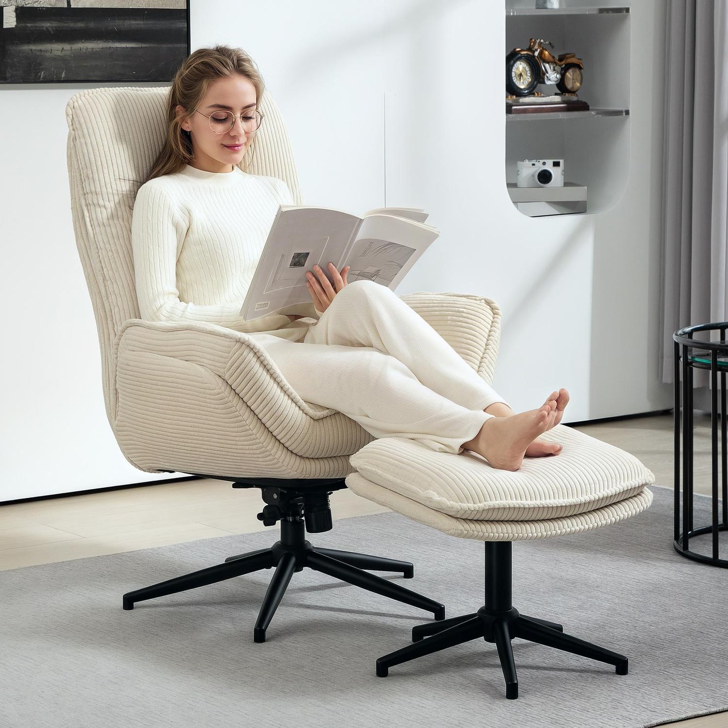 Lounger Beige with 360° rotatable and stool