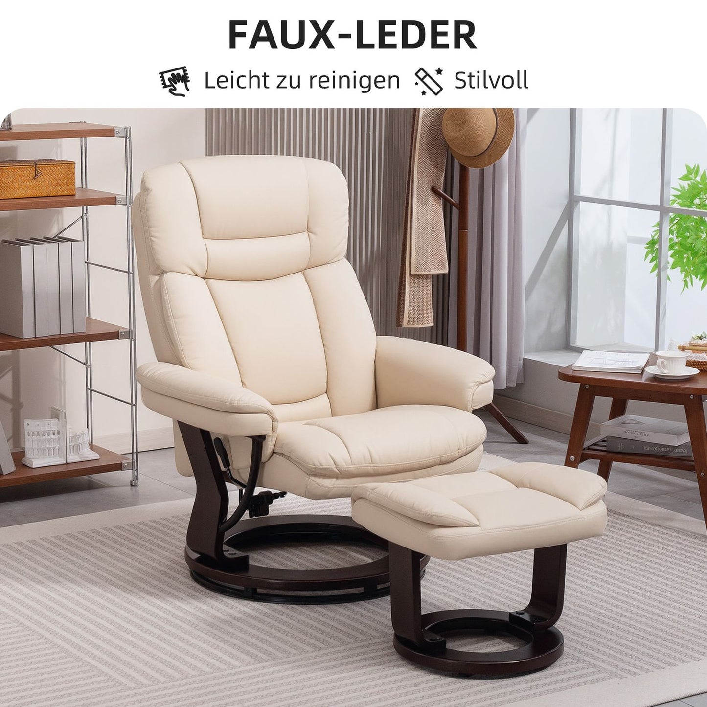 Cream Faux Leather Recliner Chair with Ottoman, 360° rotatable