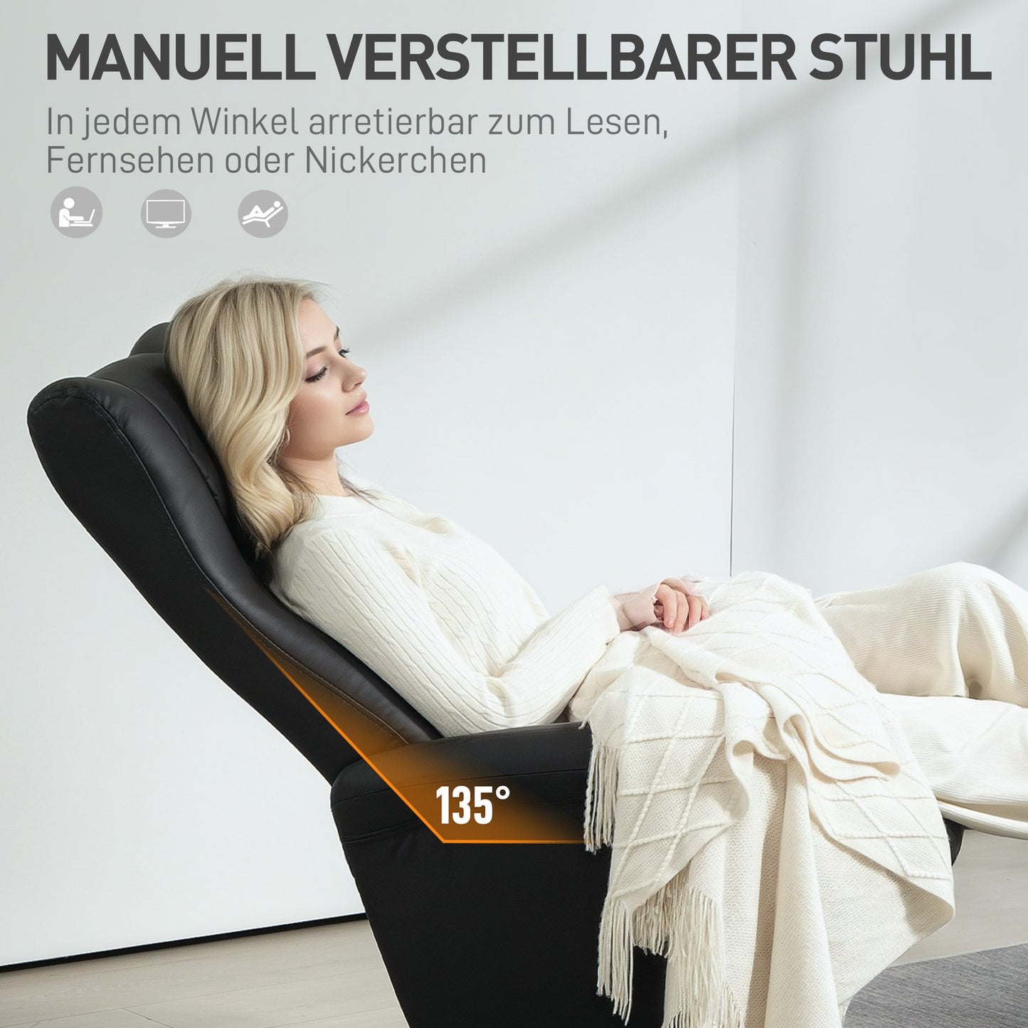 Lounger with stool & adjustable backrest, black artificial leather