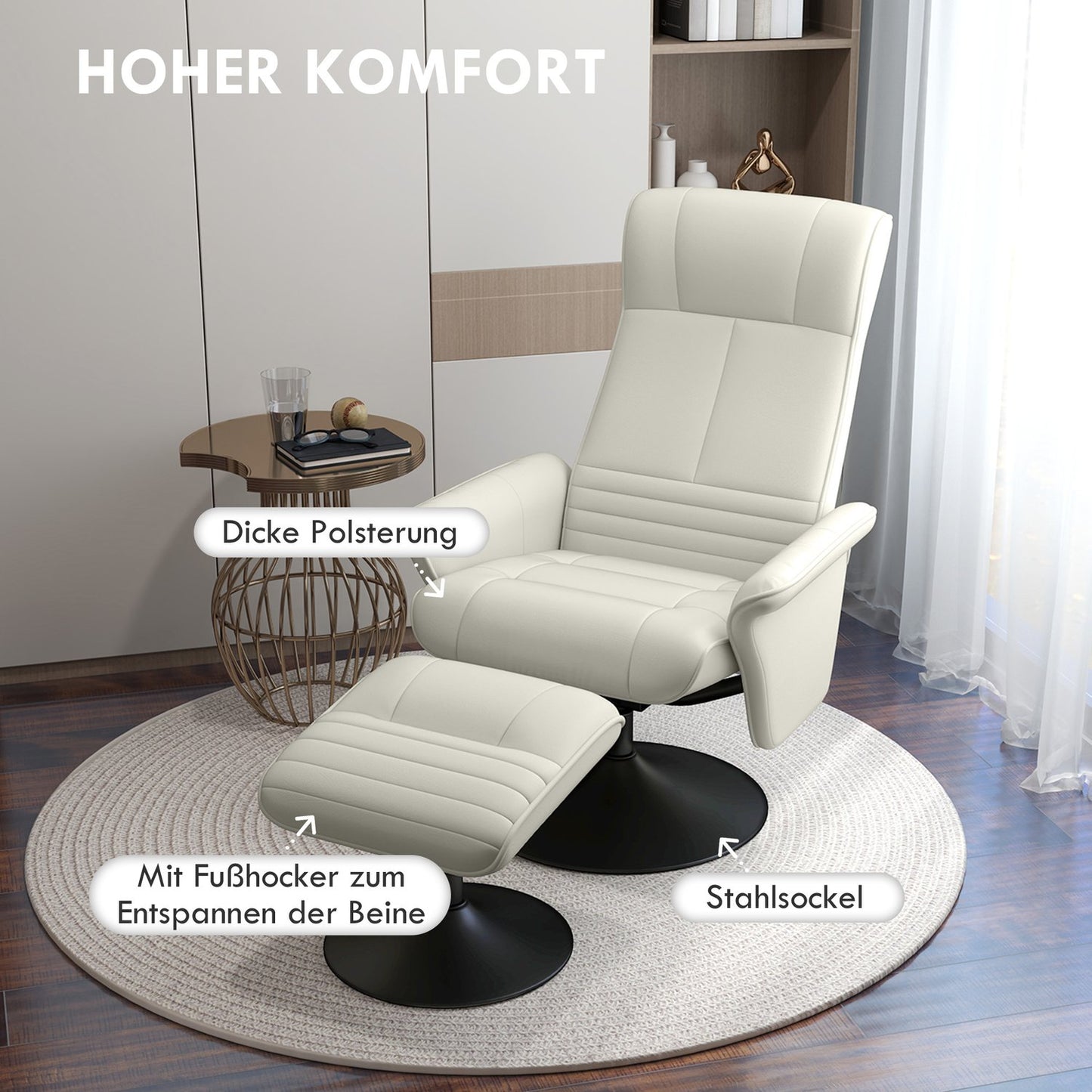 Reclining microfiber TV chair with stool, cream white