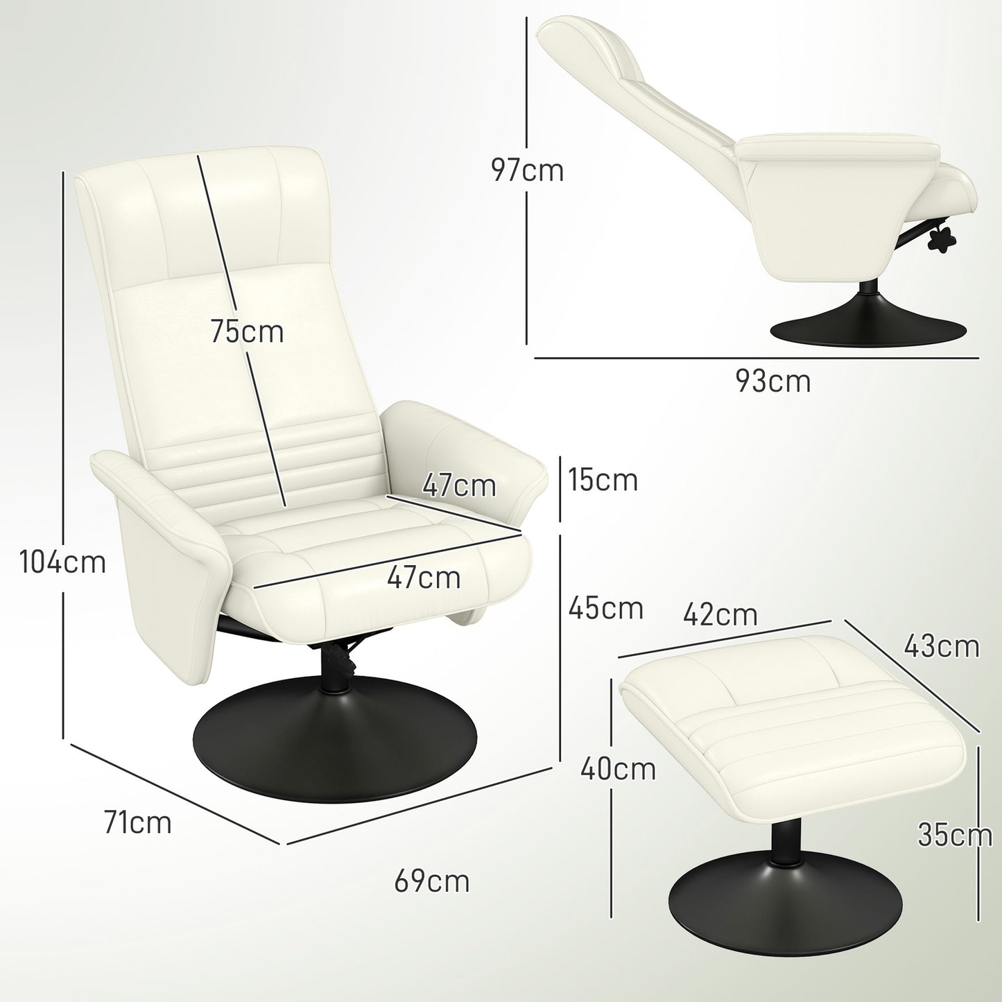 Reclining microfiber TV chair with stool, cream white