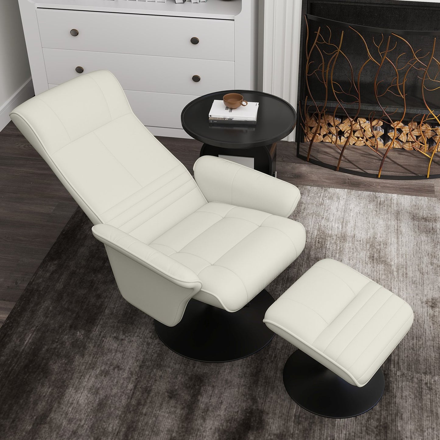Reclining microfiber TV chair with stool, cream white