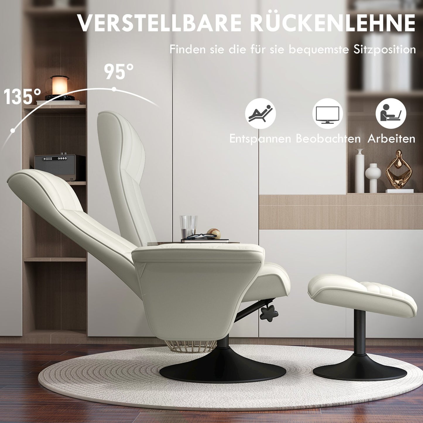 Reclining microfiber TV chair with stool, cream white