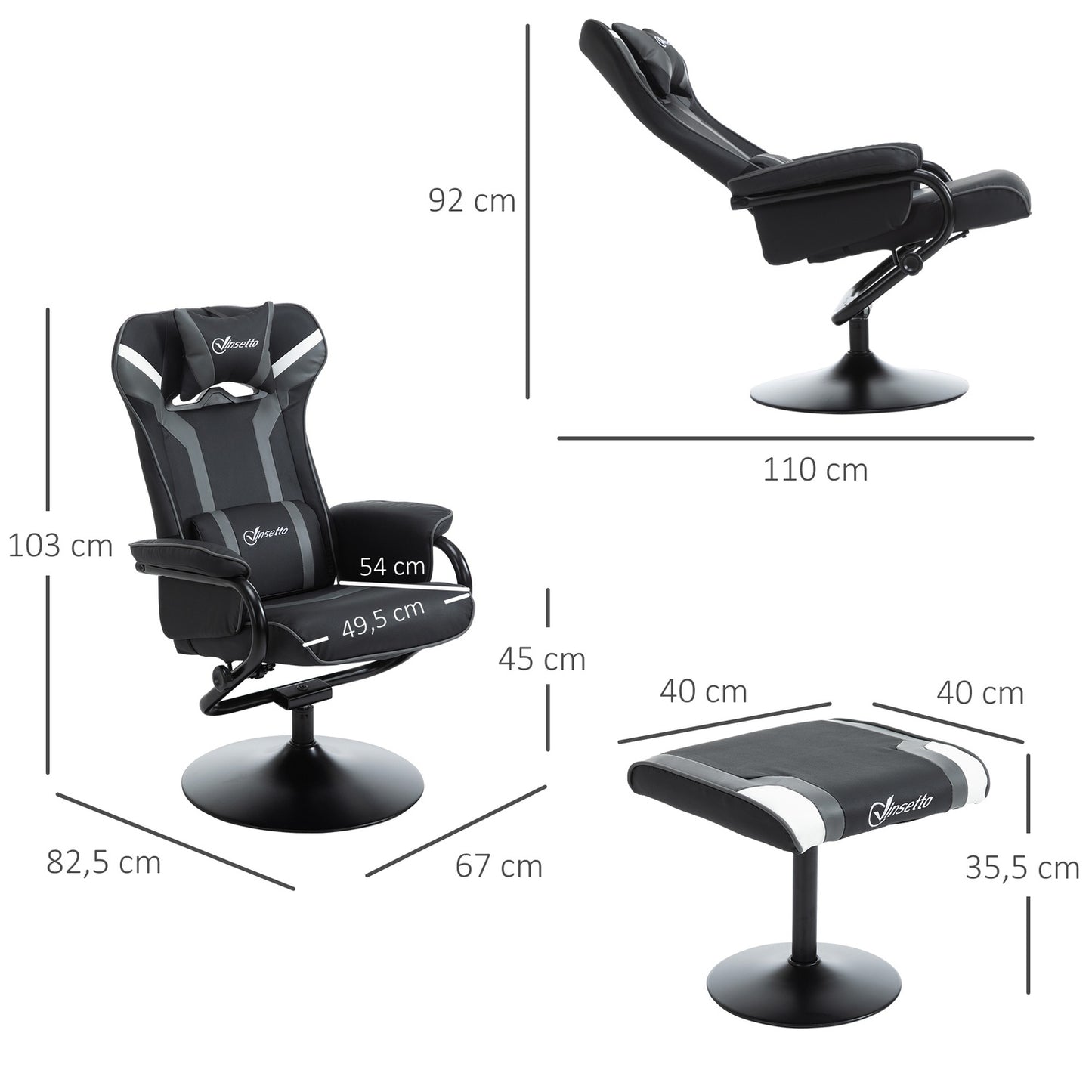 Lounger with stool, reclining 130°, black-grey