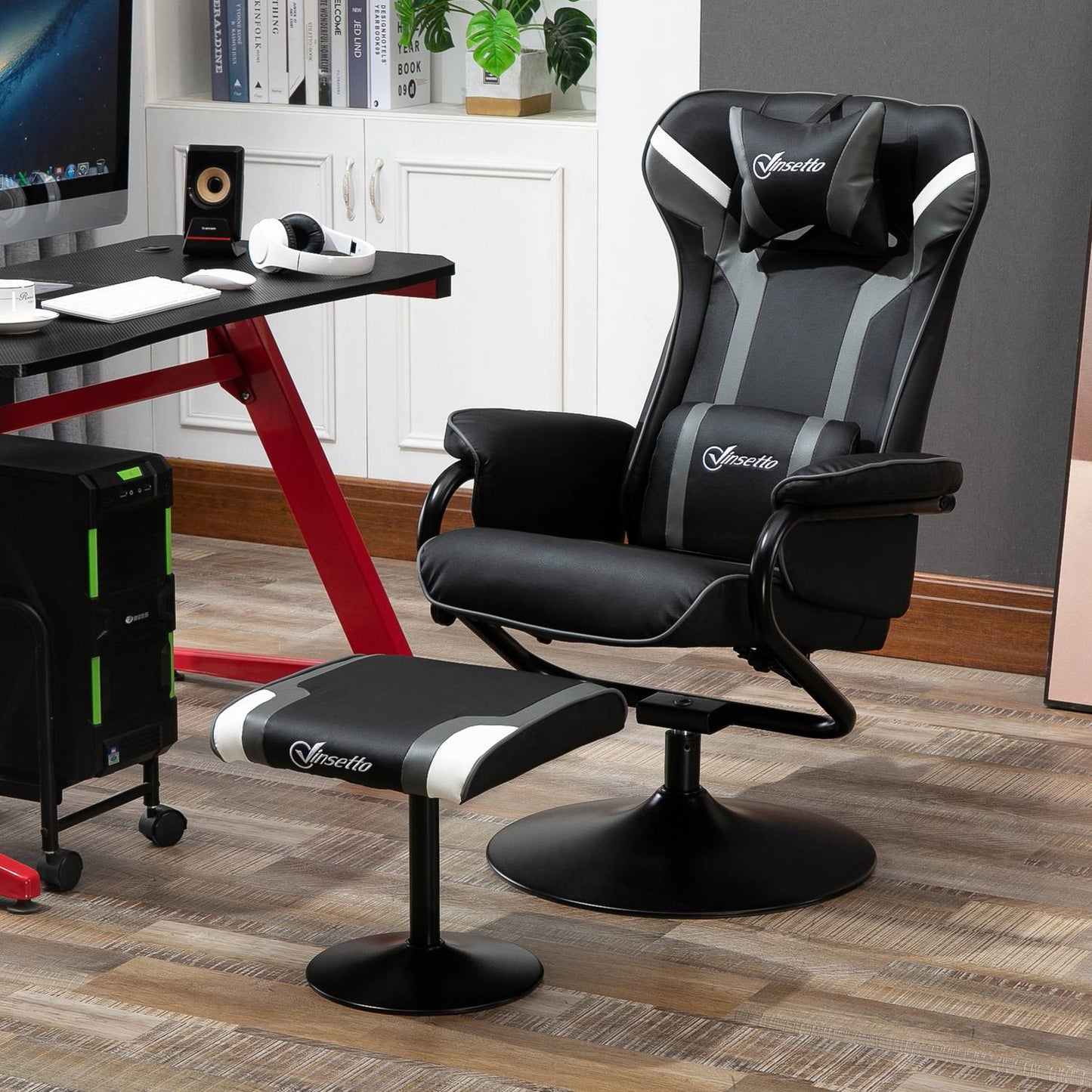 Lounger with stool, reclining 130°, black-grey